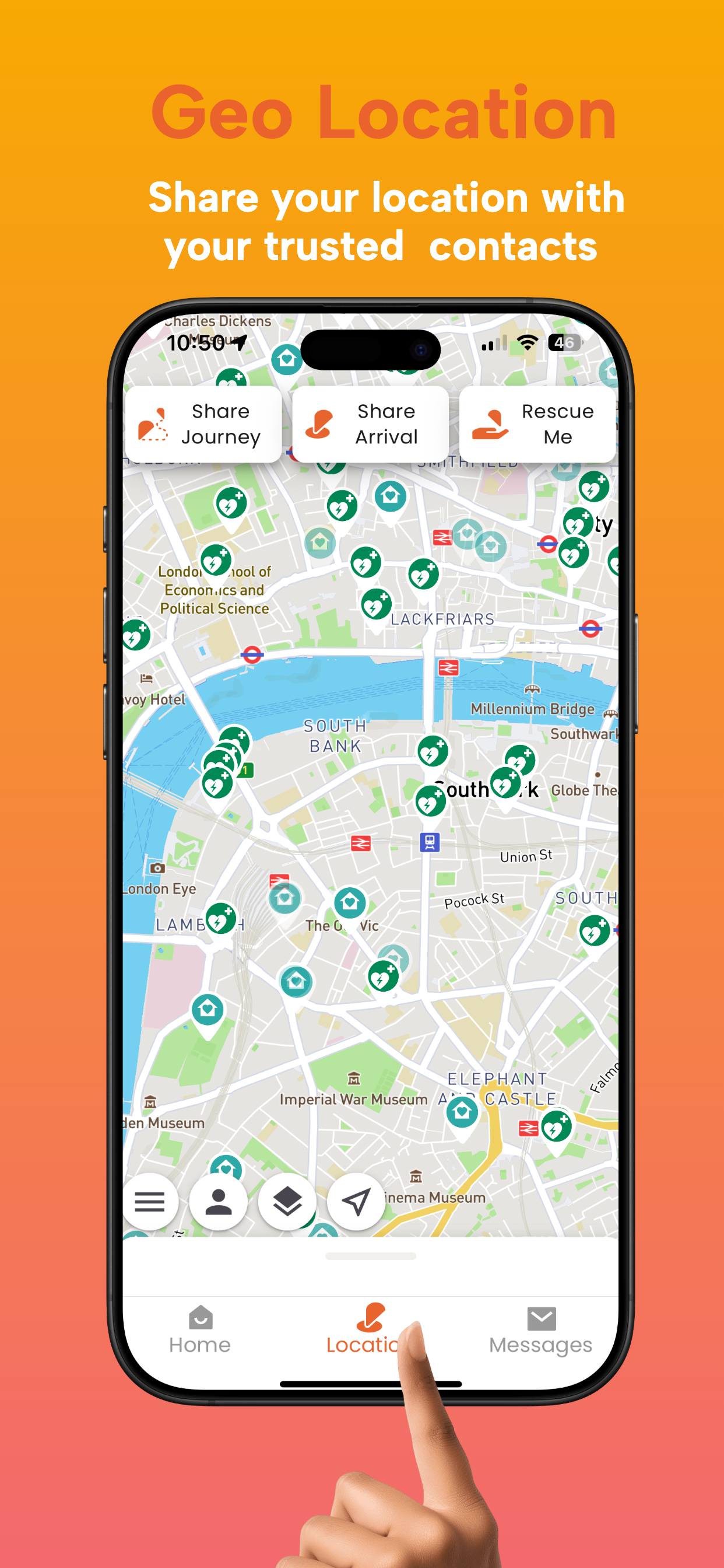 imabi Inspire app screen showing geo location features for sharing journeys and arrival times with trusted contacts, helping students stay safe and connected