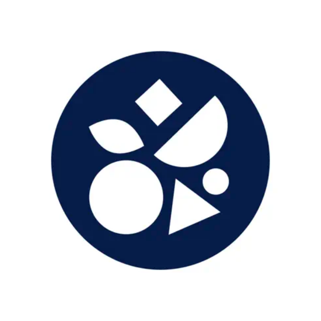 Navy blue circular logo with abstract shapes inside, including a circle, triangle, square, and half-circle, on a white background.