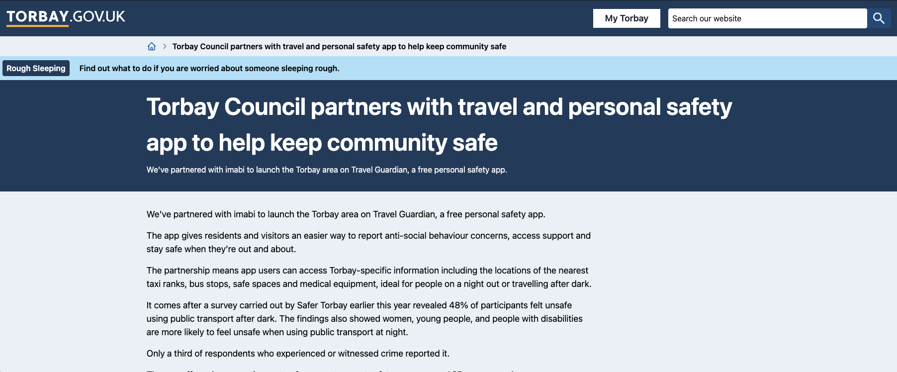 imabi partnered with Torbay Council to launch the Torbay area on Travel Guardian, a free personal safety app.