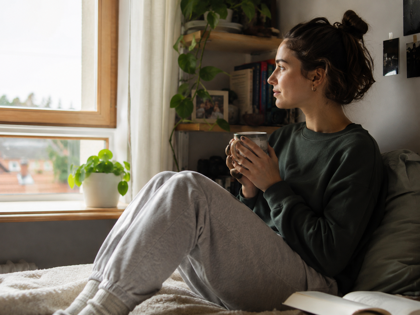 Student sitting calmly by a window with a warm drink, representing wellbeing, balance and taking time to pause during Freshers’ Week.