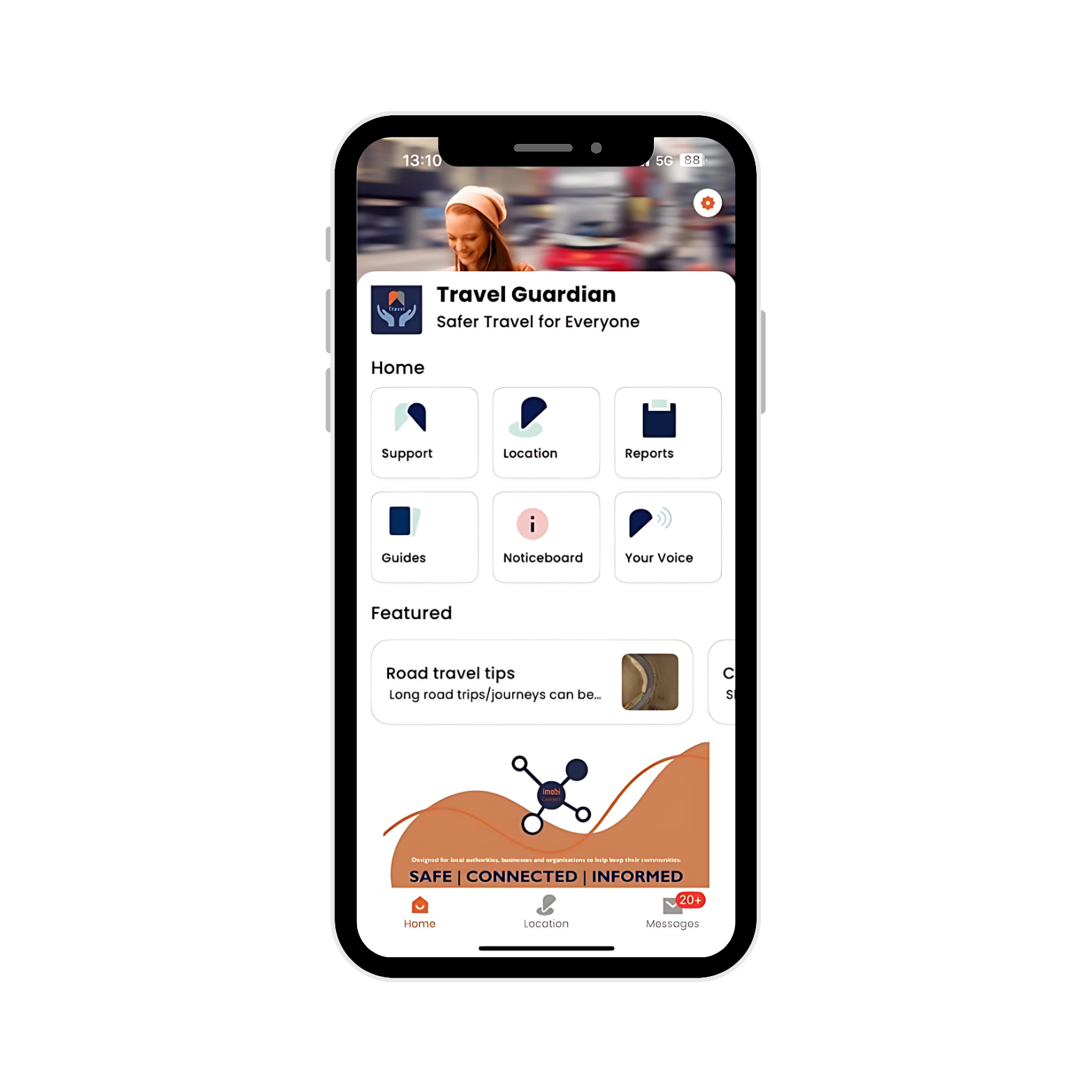 Travel Guardian app home screen showing support, location, reports, guides, and noticeboard tools for safer, more informed journeys across the UK