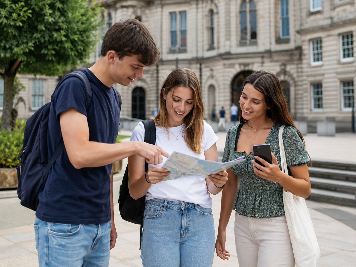 Three students looking at a map and phone on campus, representing getting to know a new university area, finding routes and building confidence during Freshers’ Week.