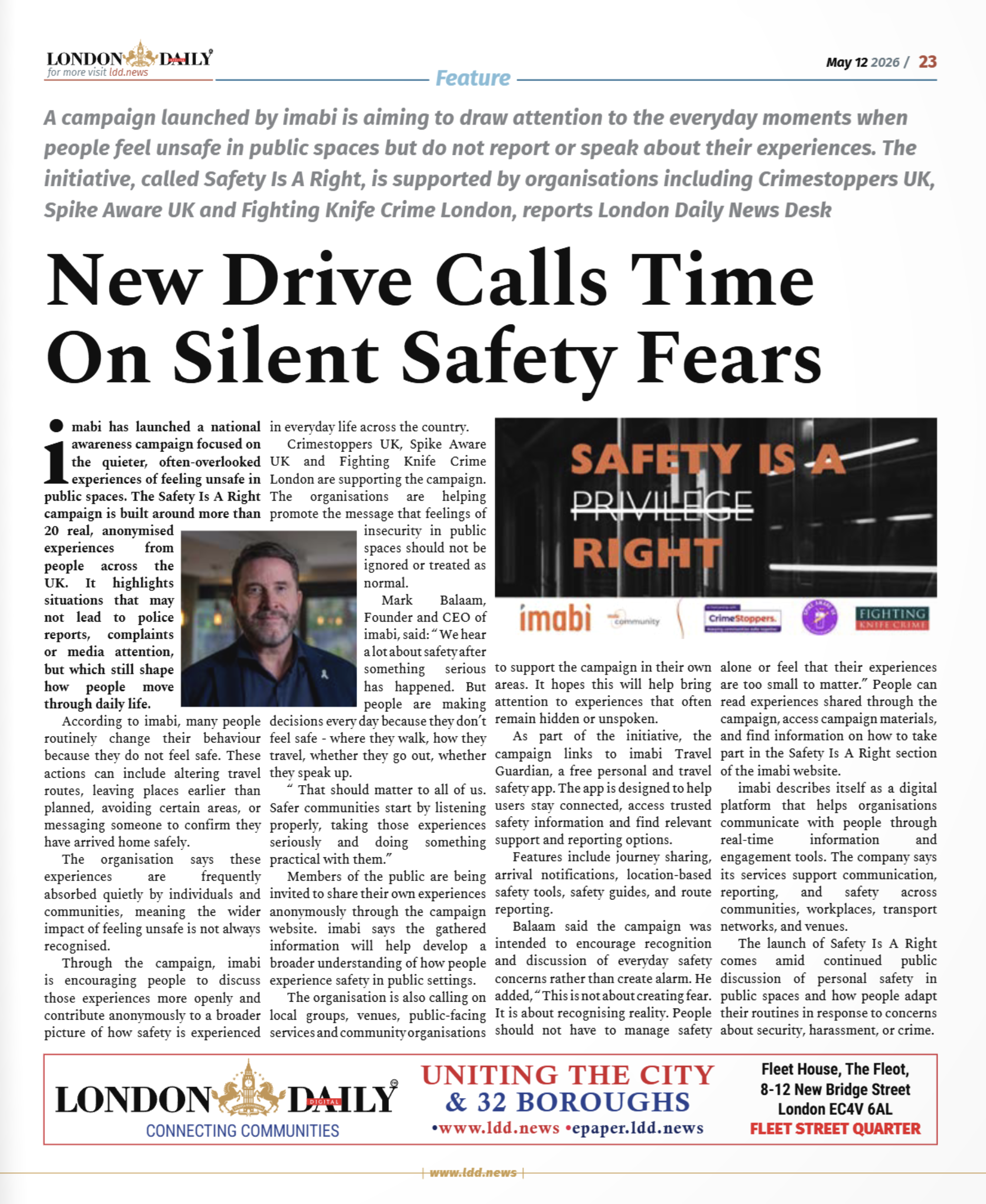 London Daily Digital article featuring imabi's Safety Is A Right Campaign