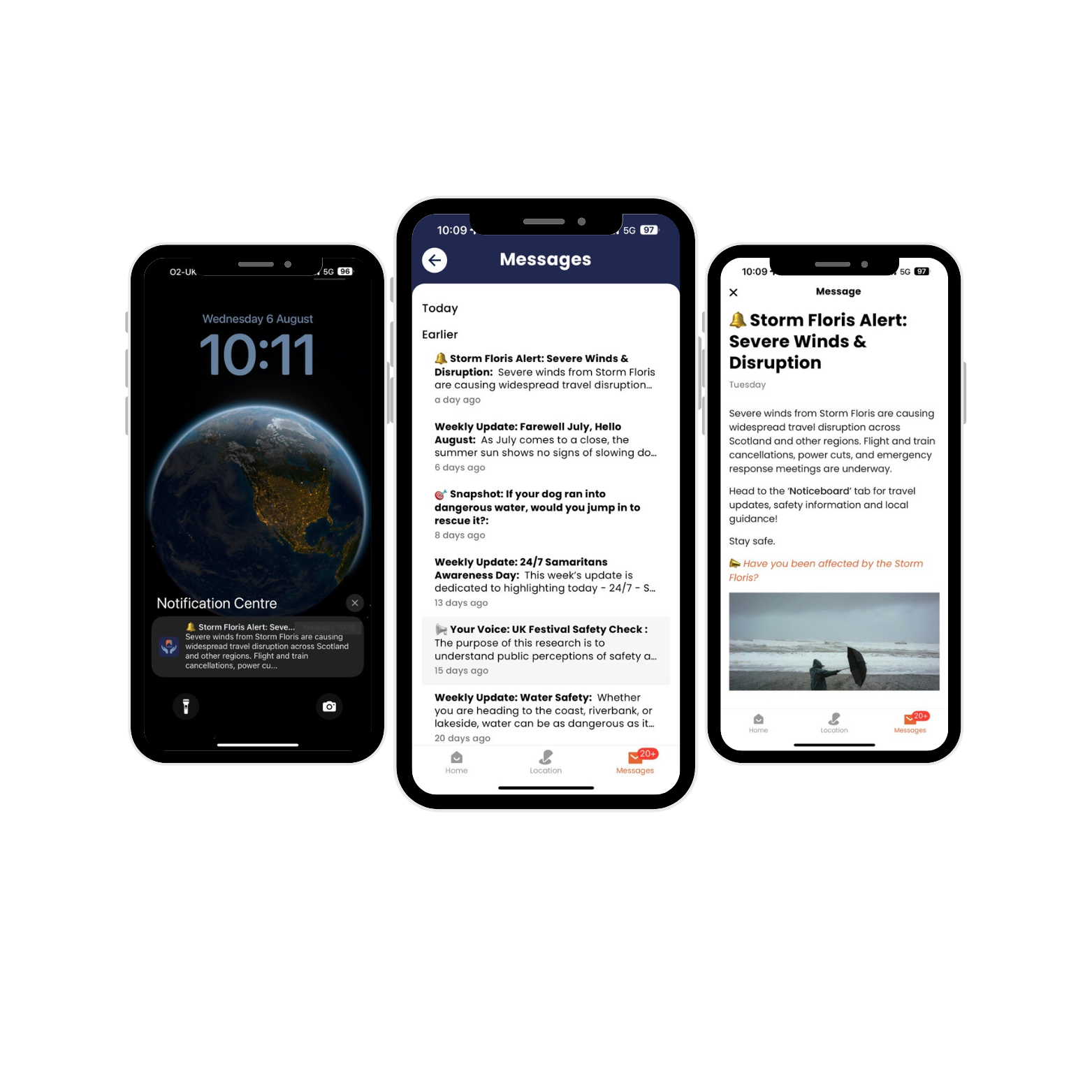 Screenshots of three smartphones displaying weather alert notifications and messages about a severe wind storm called Storm Floris. The first phone shows the time 10:11 with a globe wallpaper and a notification about widespread travel disruption from Storm Floris. The second phone shows a list of messages including weather updates and safety notices. The third phone displays a news alert about storm winds and disruption, with an image of a person holding an umbrella on a beach in heavy rain.