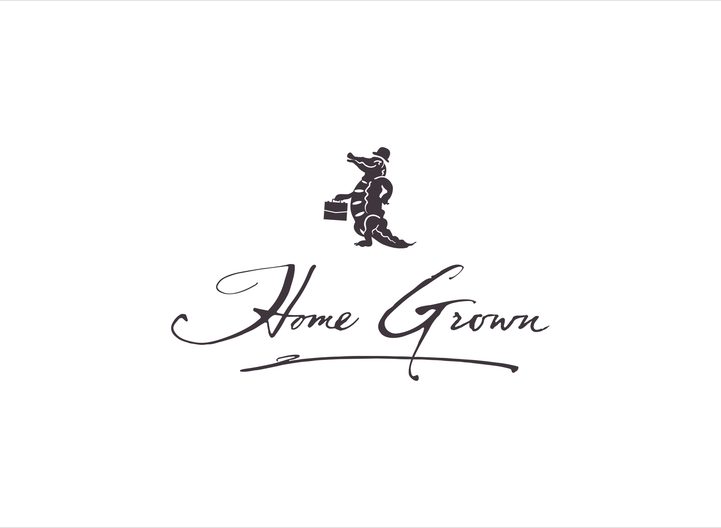 Logo with a stylized alligator wearing a hat and holding a toolbox above the words "Home Grown" in cursive font.