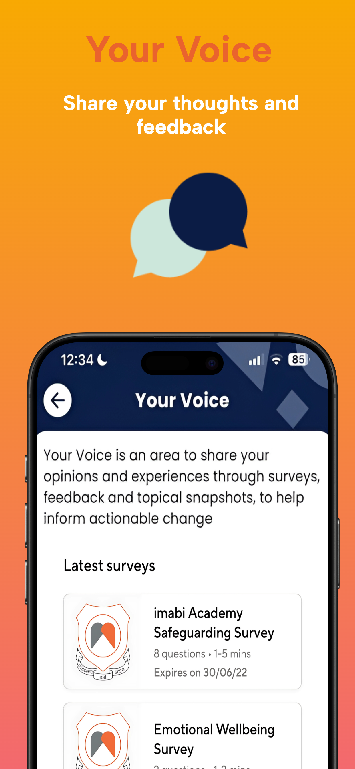 imabi Inspire app screen showing the Your Voice feature where students can share feedback through safeguarding and wellbeing surveys to help schools improve support and safety
