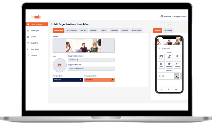 imabi Portal interface showing organisation branding and dashboard tools for safeguarding, wellbeing, and Worker Protection Act compliance, including prevention of sexual harassment, bullying, and abuse in the workplace