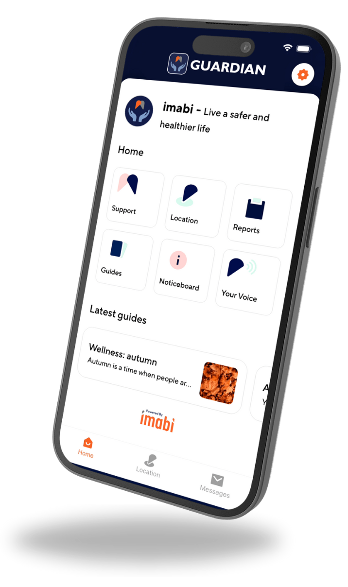 Smartphone displaying the Guardian app interface with features like Support, Location, Reports, Guides, Noticeboard, and Your Voice. Latest guides section includes a Wellness article. App icon and menu icons visible.