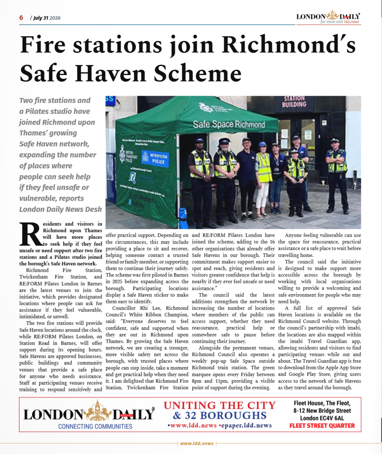 imabi featuring in London Daily Digital (page 6) as the platform behind the London Borough of Richmond Upon Thames (Richmond Council) Safe Havens/Safe Spaces mapped spaces available on free imabi Travel Guardian.
