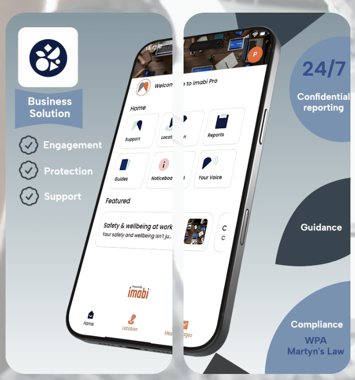 Screenshot of the imabi Pro workplace safety platform showing reporting, support and guidance tools that help employers meet Worker Protection Act compliance duties.