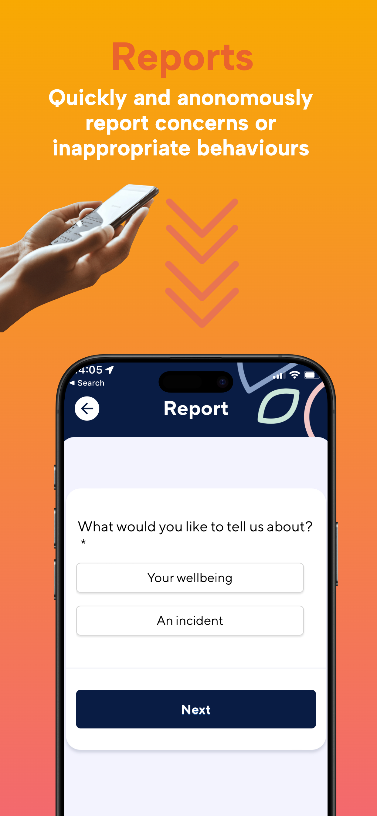 imabi Inspire app screen showing the anonymous reporting feature for students and staff to share concerns about bullying, wellbeing, or incidents, supporting safeguarding and compliance in schools and colleges