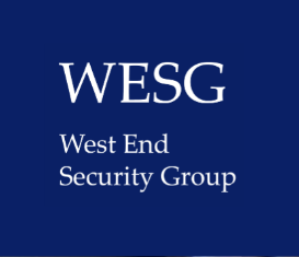 Logo of West End Security Group (WESG) with text on a dark blue background.