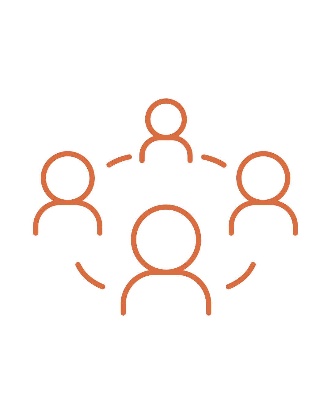 Graphic illustration of five people connected in a circular network, representing a community or team collaboration.