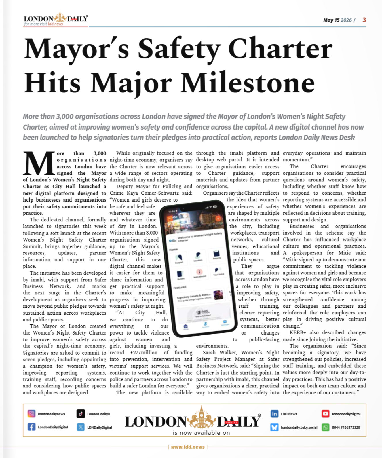 imabi featuring in London Daily Digital as the platform behind the Women's Safety Charter channel they launched for their signatories, highlighting partnership and collaboration with the Safer Business Network 