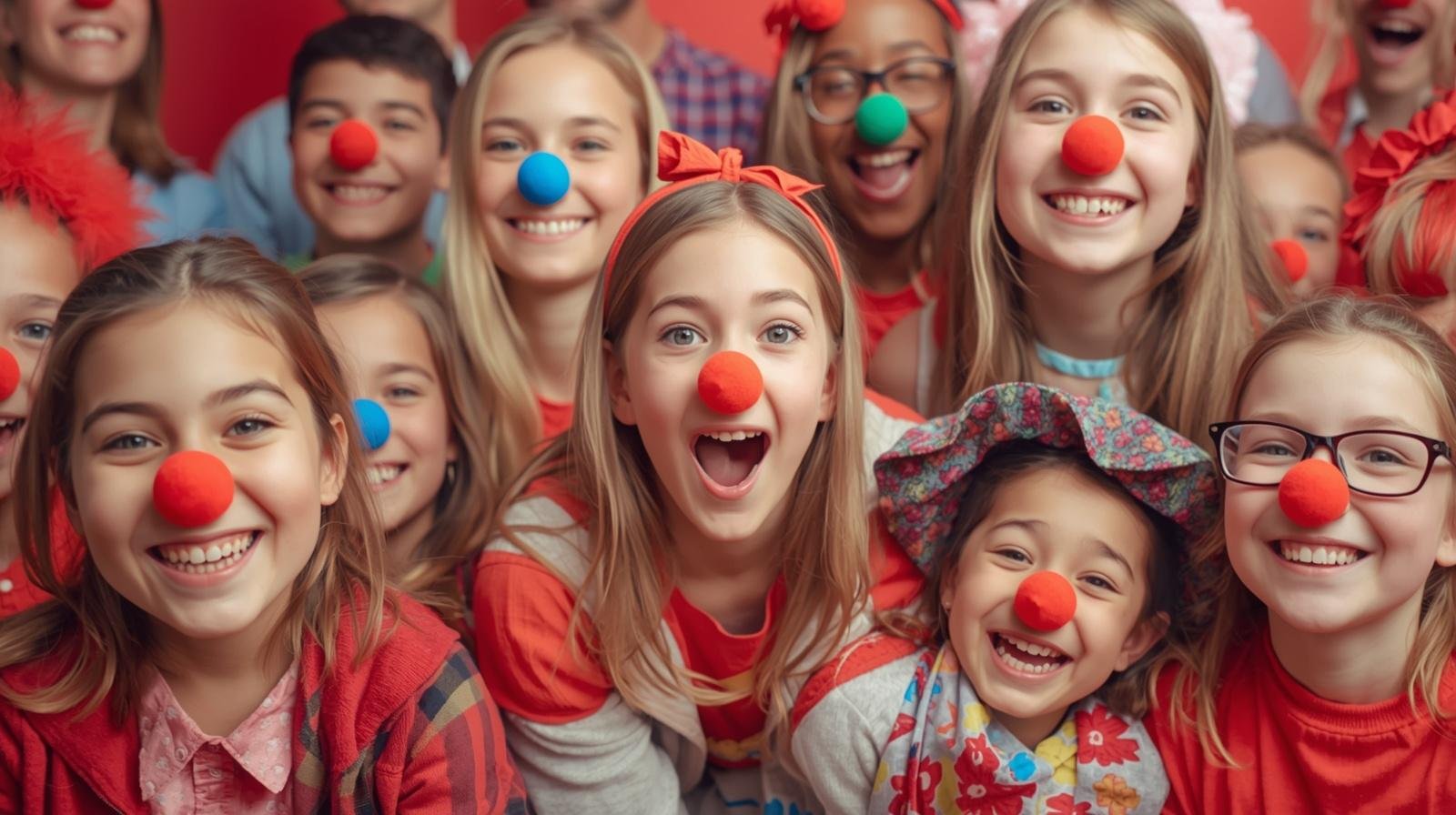 Group of children and young people wearing red noses and smiling during Red Nose Day fundraising event, representing community spirit, inclusion and collective action across the UK.
