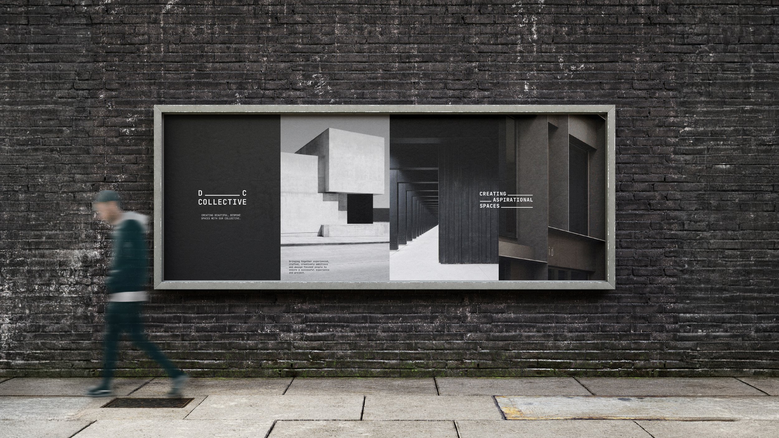 Man walking past a billboard showcasing DC Collective's projects