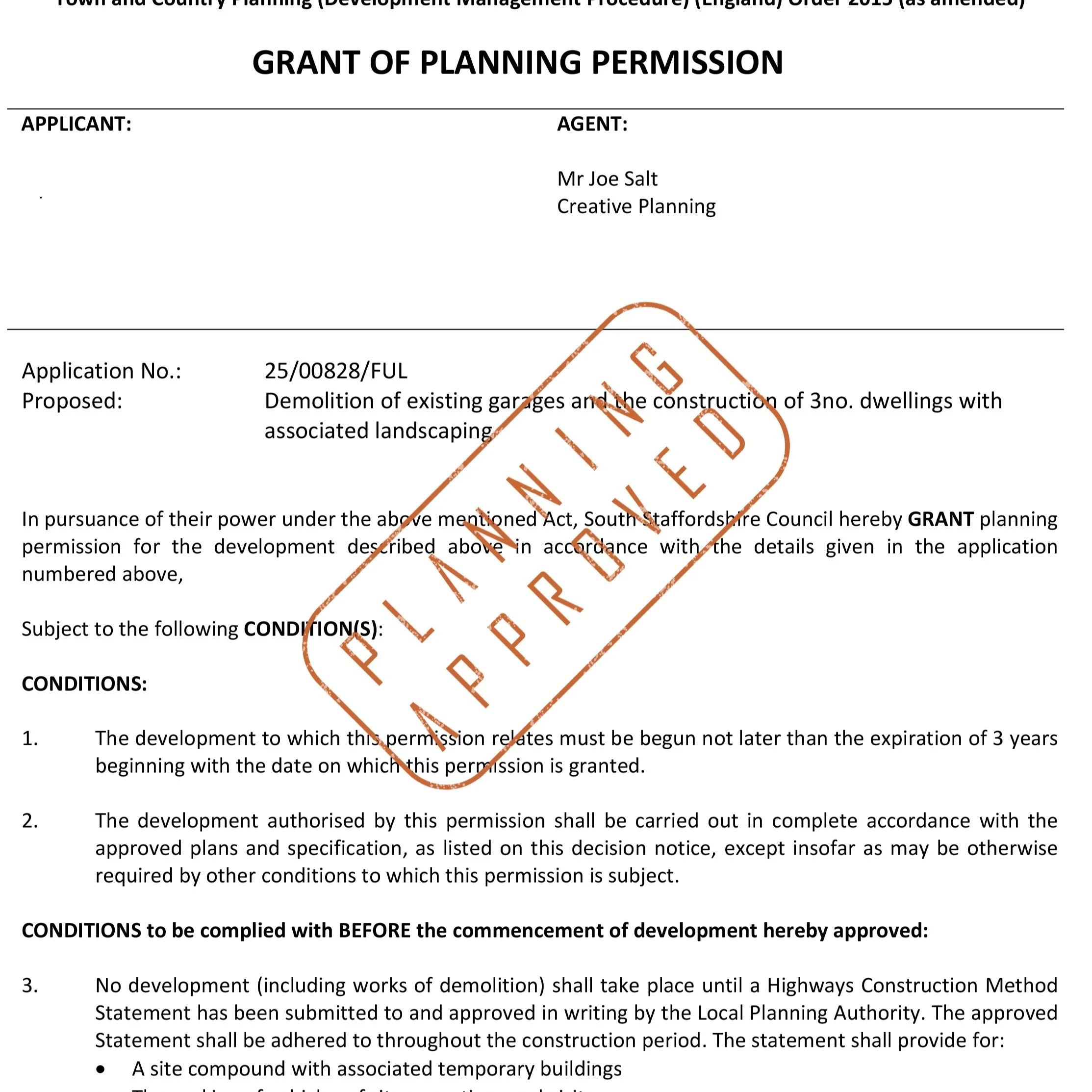 Planning Permission GRANTED for the demolition of existing garages and the construction of three houses in Bilbrook! A great use of previously developed (brownfield) land to provide a pair of semi-detached houses and a larger detached unit. We had to