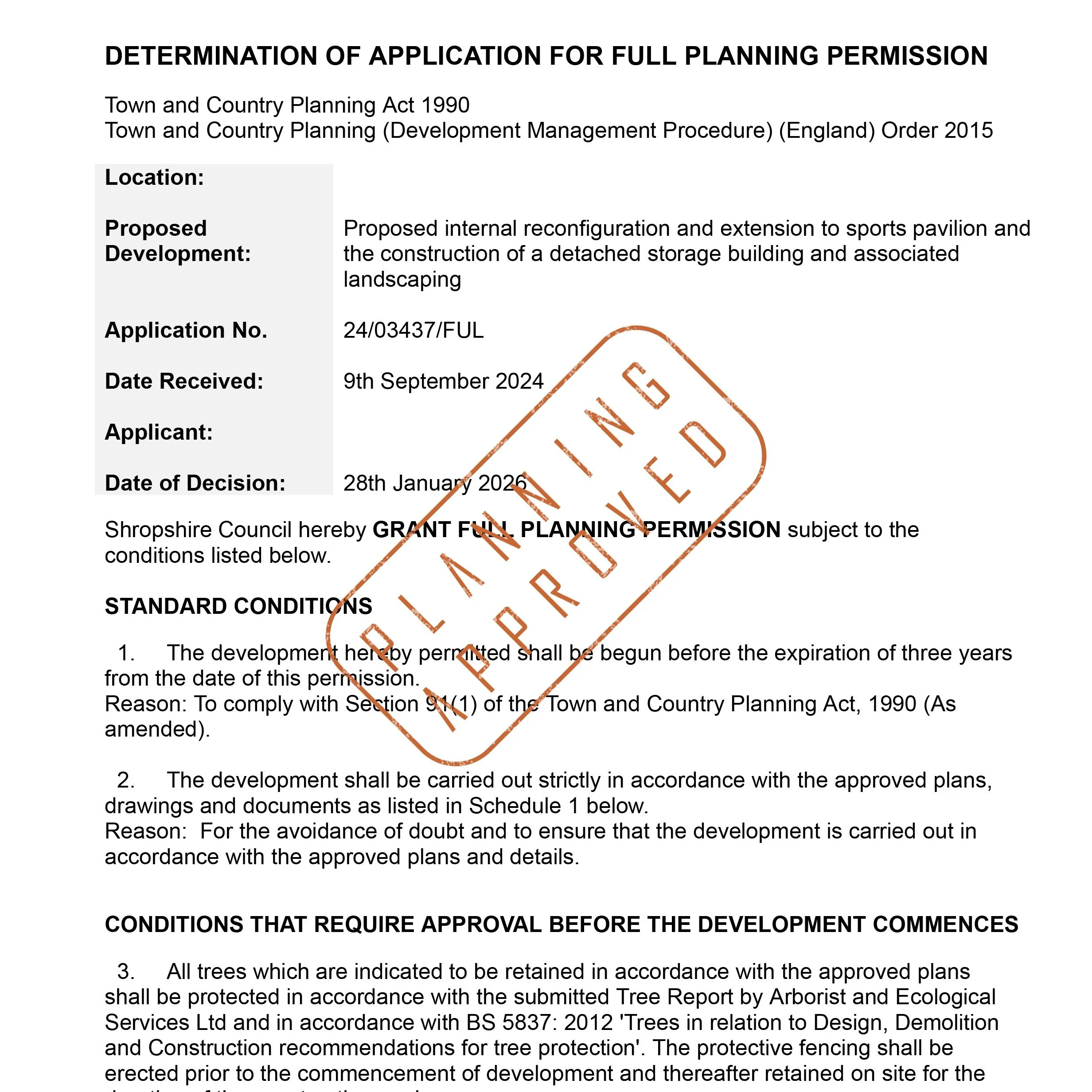Planning Permission GRANTED for extensions and refurbishment of an existing sports pavilion in Shropshire!

The proposal includes the relocation of the client's offices and the opportunity to provide new changing rooms to Sport England standards. The
