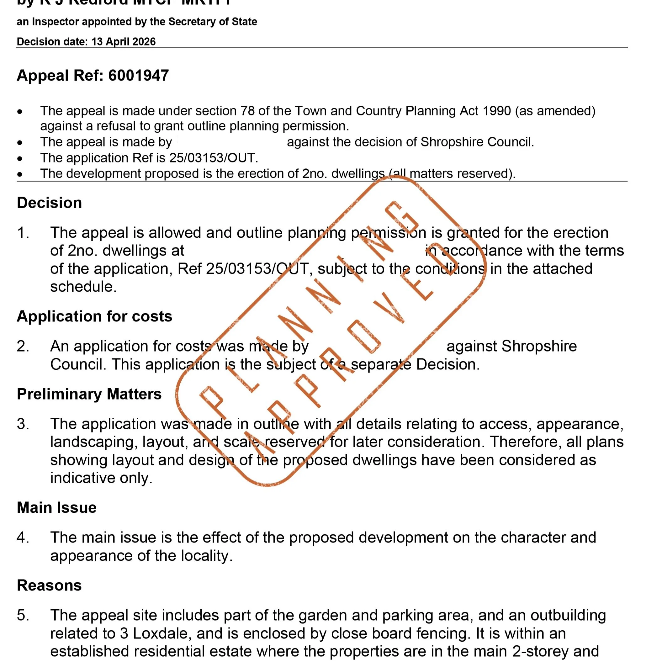 Planning Appeal ALLOWED for two dwellings within a garden plot in Shrewsbury! 

The client came to us following feedback from the Council that they would only allow one unit on the site. We prepared an outline application for two dwellings, which was