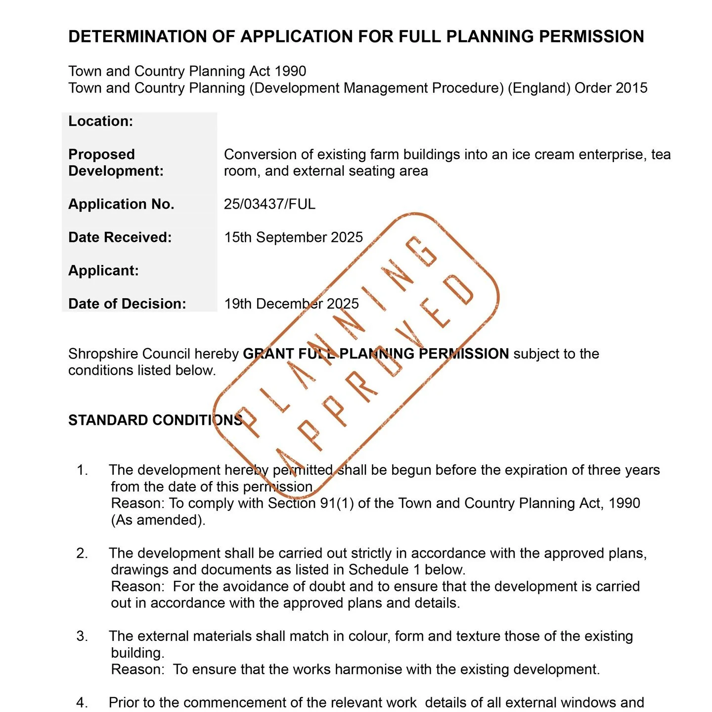 Planning Permission GRANTED for the conversion of a redundant barn into an ice cream enterprise in North Shropshire! The applicants needed to relocate to grow the existing business, so converting an existing barn provided them with more servery space