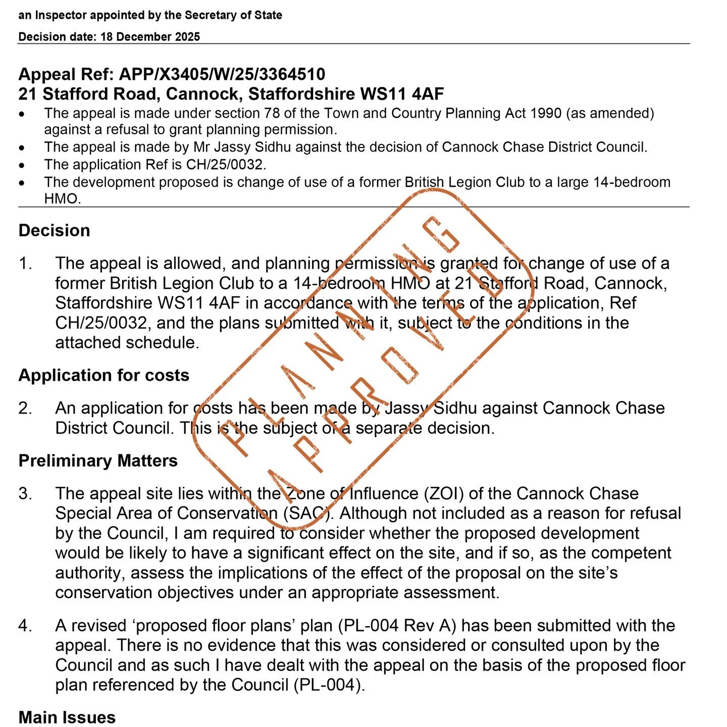 Planning Appeal ALLOWED and Costs AWARDED for the conversion of a redundant former British Legion building to a 14-bed HMO in Cannock! 

There was, predictably, plenty of local opposition to the scheme that was refused in part, due to unsubstantiated
