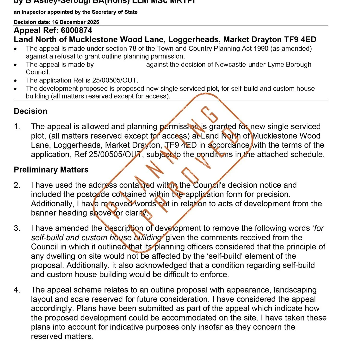 Planning Appeal ALLOWED for a single self-build plot in Loggerheads! 

The client came to us following a refusal of an outline application, which cited unacceptable impact on highways and the character of the area. We successfully argued that these c
