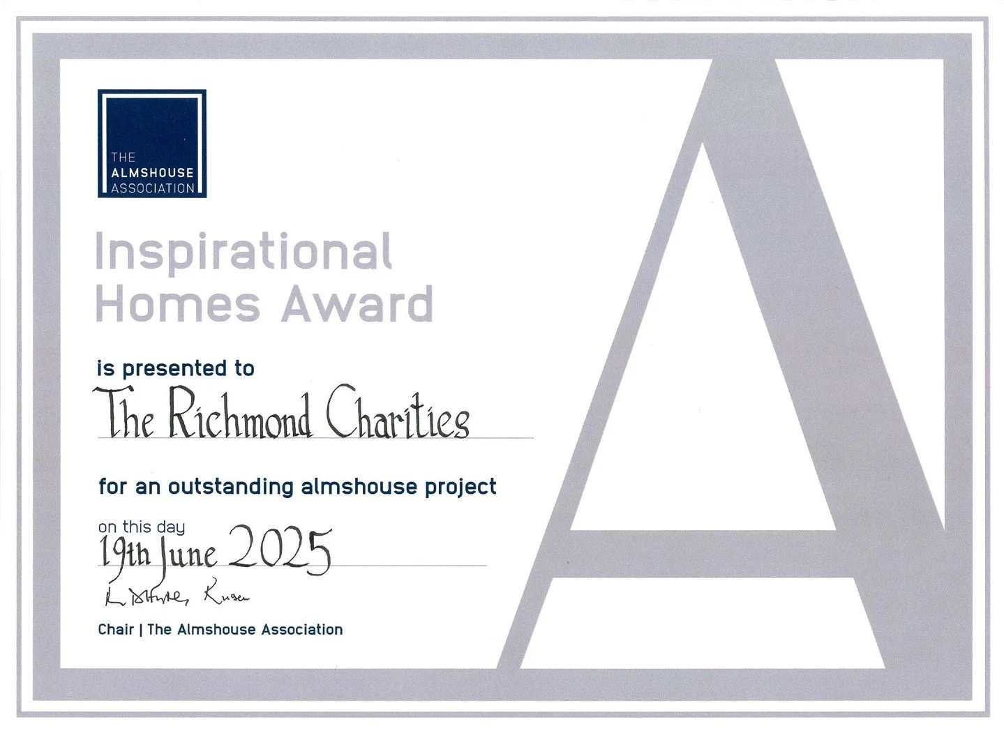 We were thrilled for The Richmond Charities to receive the Inspirational Homes award from The Almshouse Association, for our Elizabeth Twining Almshouses project in Richmond. Presented on 19th June, this award is for members who can demonstrate eleme
