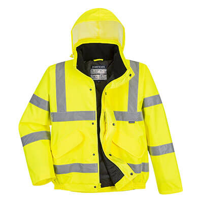 High-visibility yellow safety jacket with reflective gray stripes and a hood.