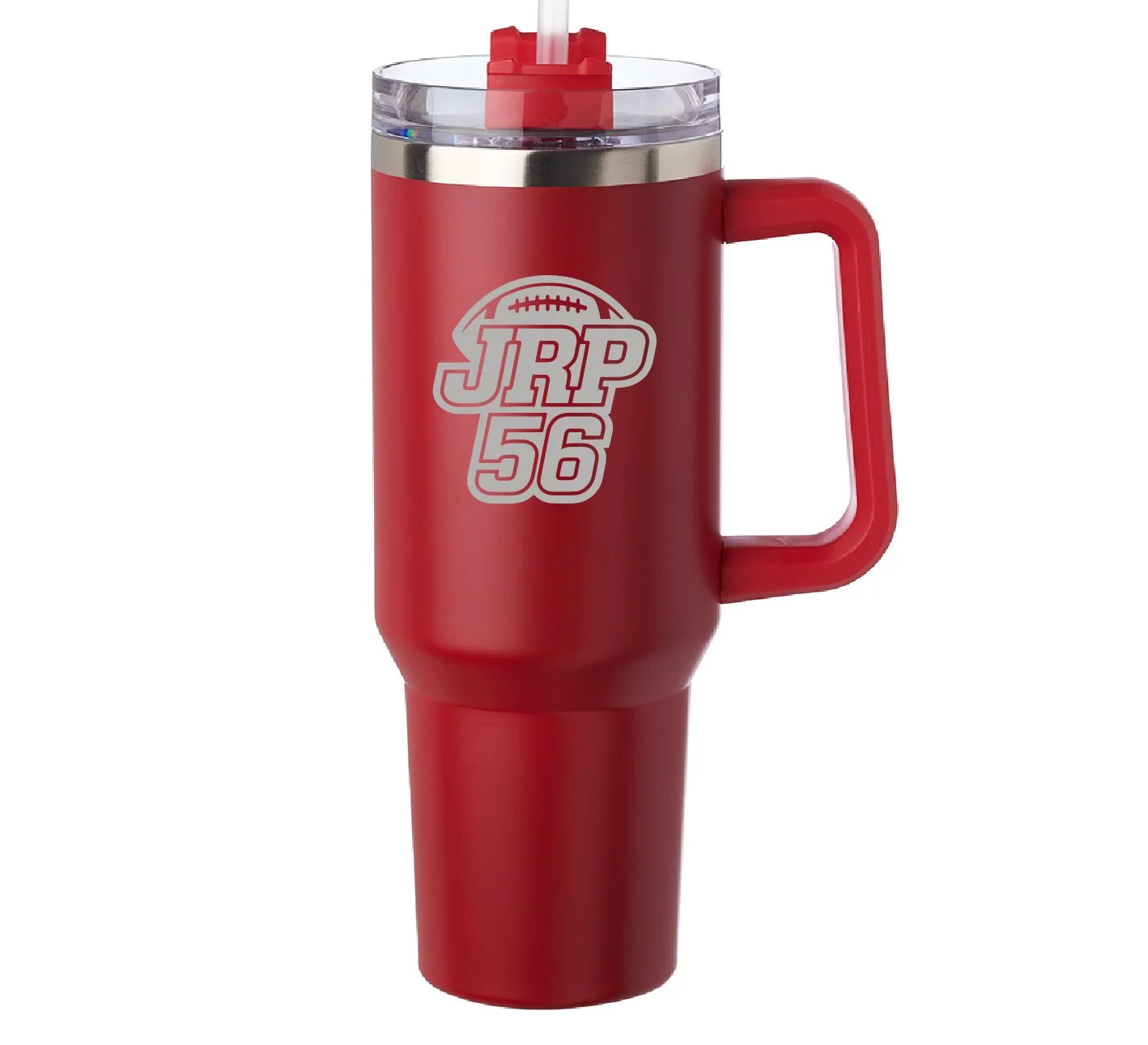 Red travel mug with a handle and a clear lid, featuring a logo with a football and the text 'JRP 56' in white.