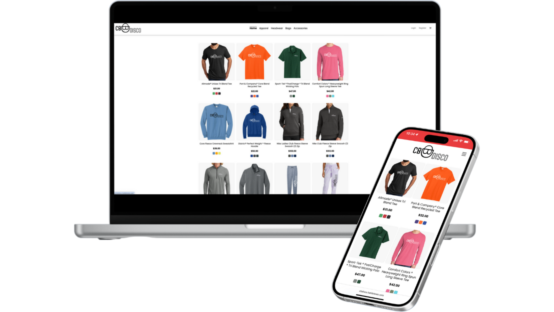 Laptop and smartphone displaying an online clothing store website with various apparel items like T-shirts, hoodies, and jackets in different colors and styles.