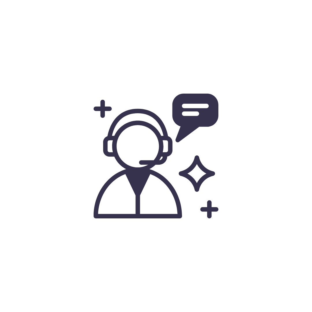 Outline icon of a customer support representative wearing a headset with a speech bubble, surrounded by sparkles.