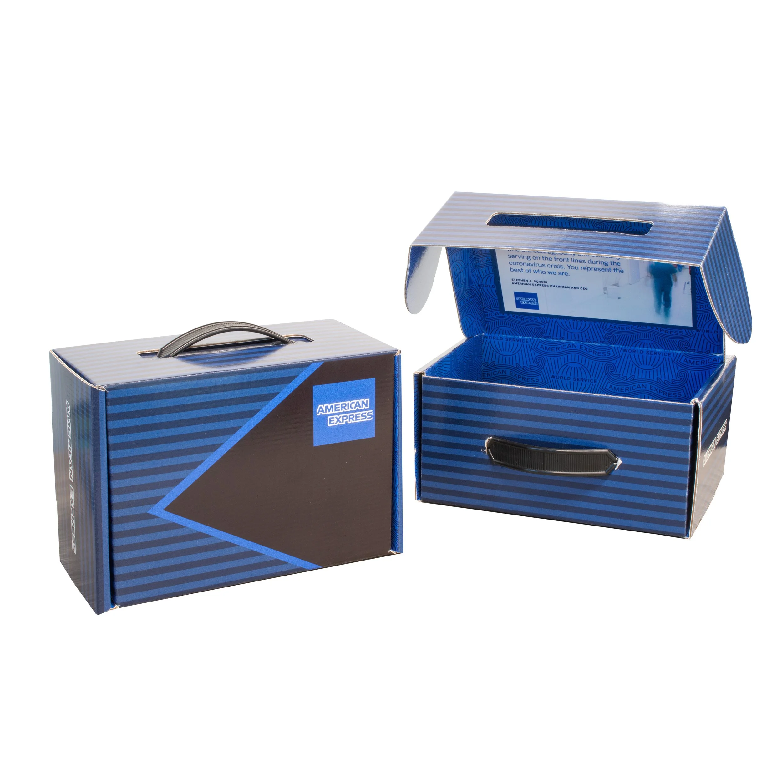 Two American Express branded boxes, one closed and one open, both with blue and black diagonal striped design and black handles.