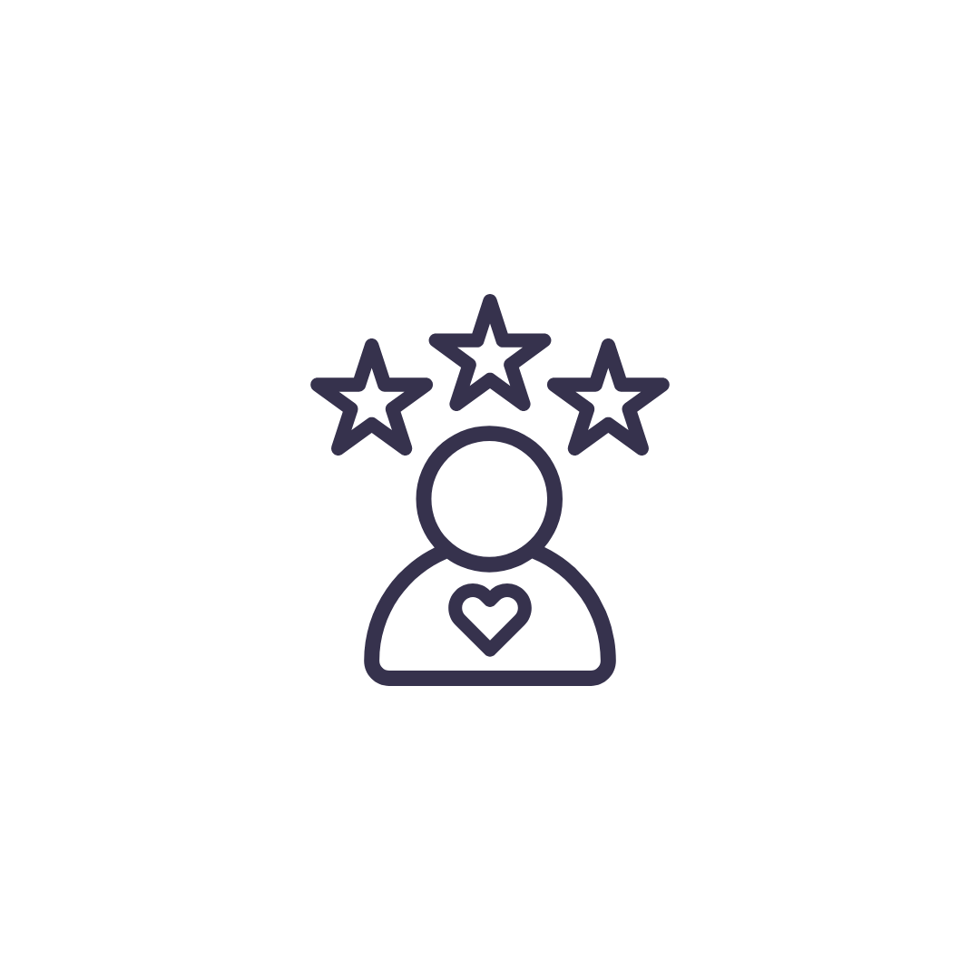 Outline of a person with a heart on their chest, surrounded by three stars above their head.