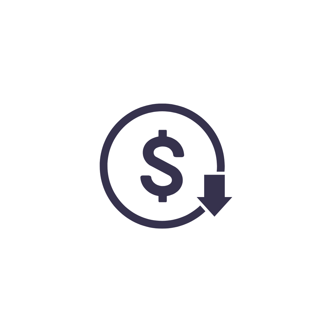 Circle icon with a dollar sign and downward arrow, symbolizing decline in revenue or cost reduction.