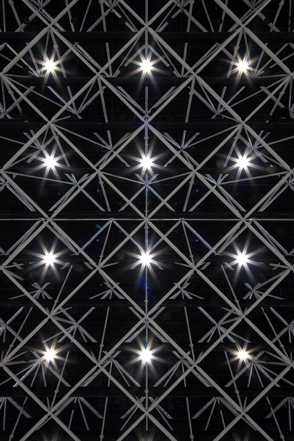 Detailaufnahme der Decken- und Stahlbaukonstruktion der SGKB Halle St. Gallen mit rasterförmig angeordneten Lichtspots.
