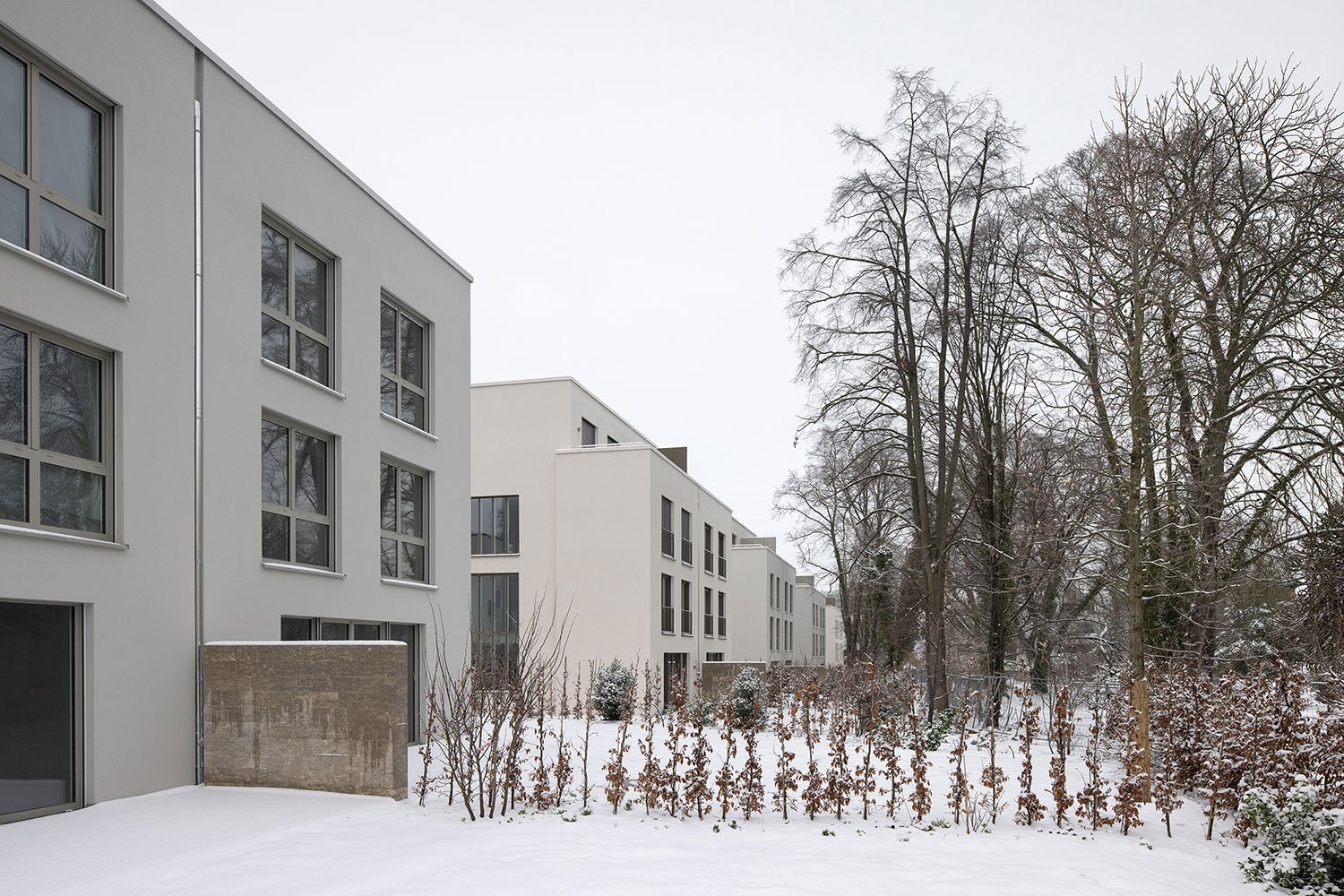 Blick entlang der Wohnhäuser von Bilger Fellmeth Architekten in Frankfurt-Sachsenhausen mit ruhiger Fassadensprache, verschneitem Grünraum und differenzierter Gebäudeabstaffelung.
