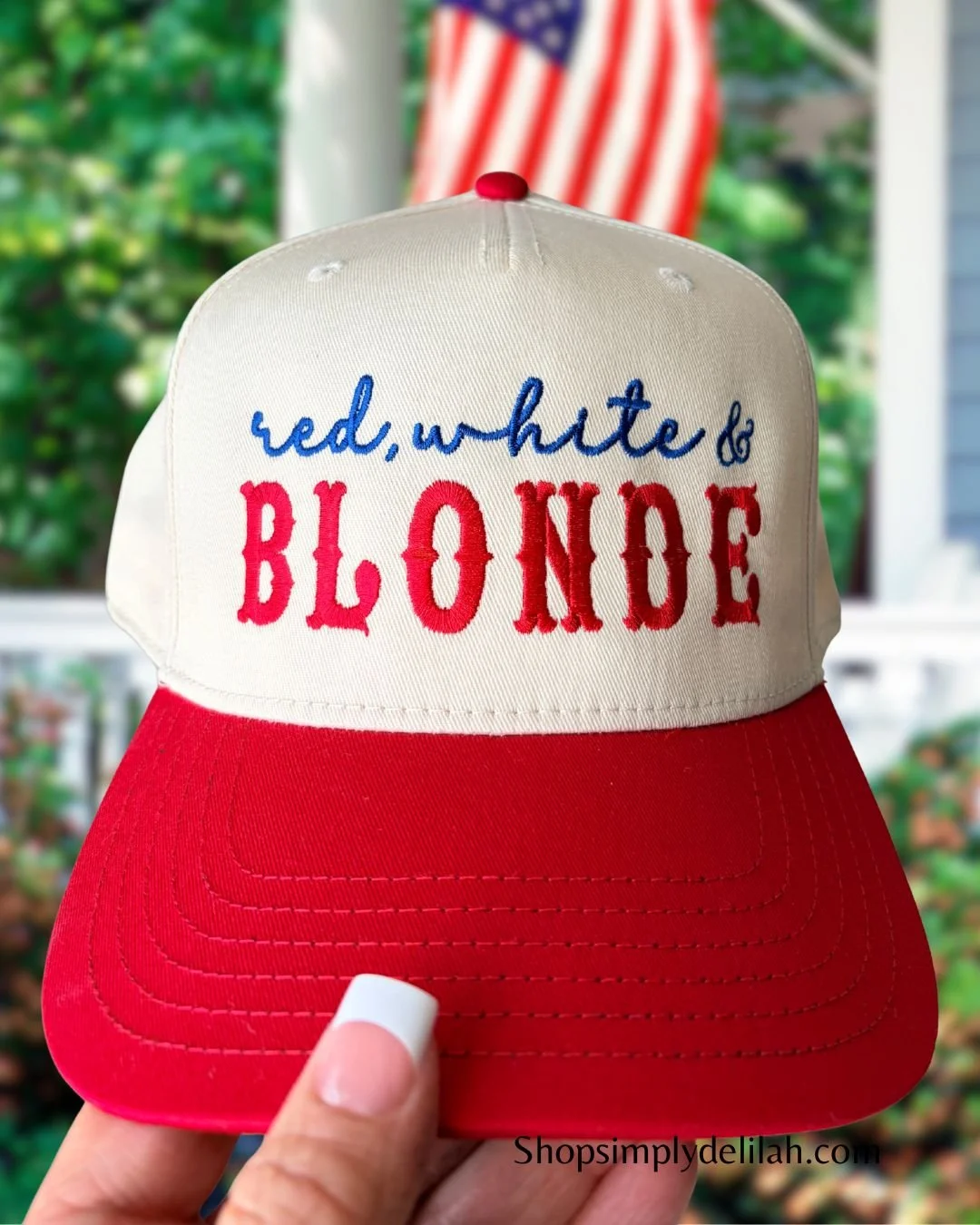 $27 red, white and blonde embroidered hat