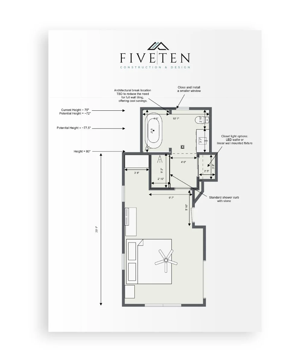 A construction design for a new primary suite (primary bedroom and bathroom) located in Medford, MA