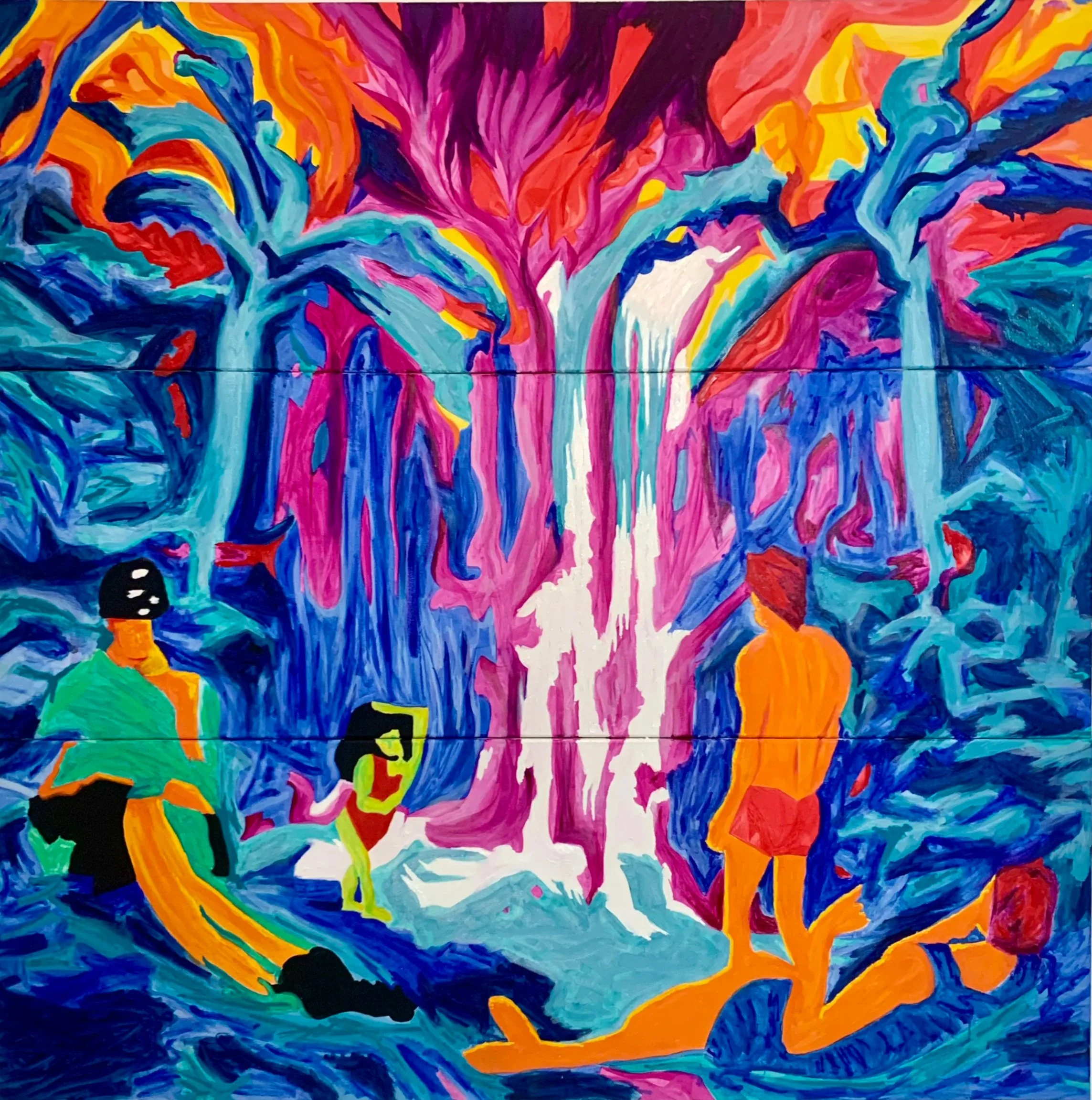 “At the Waterfall“, 2023. Oil on canvas – 150 x 150 cm.