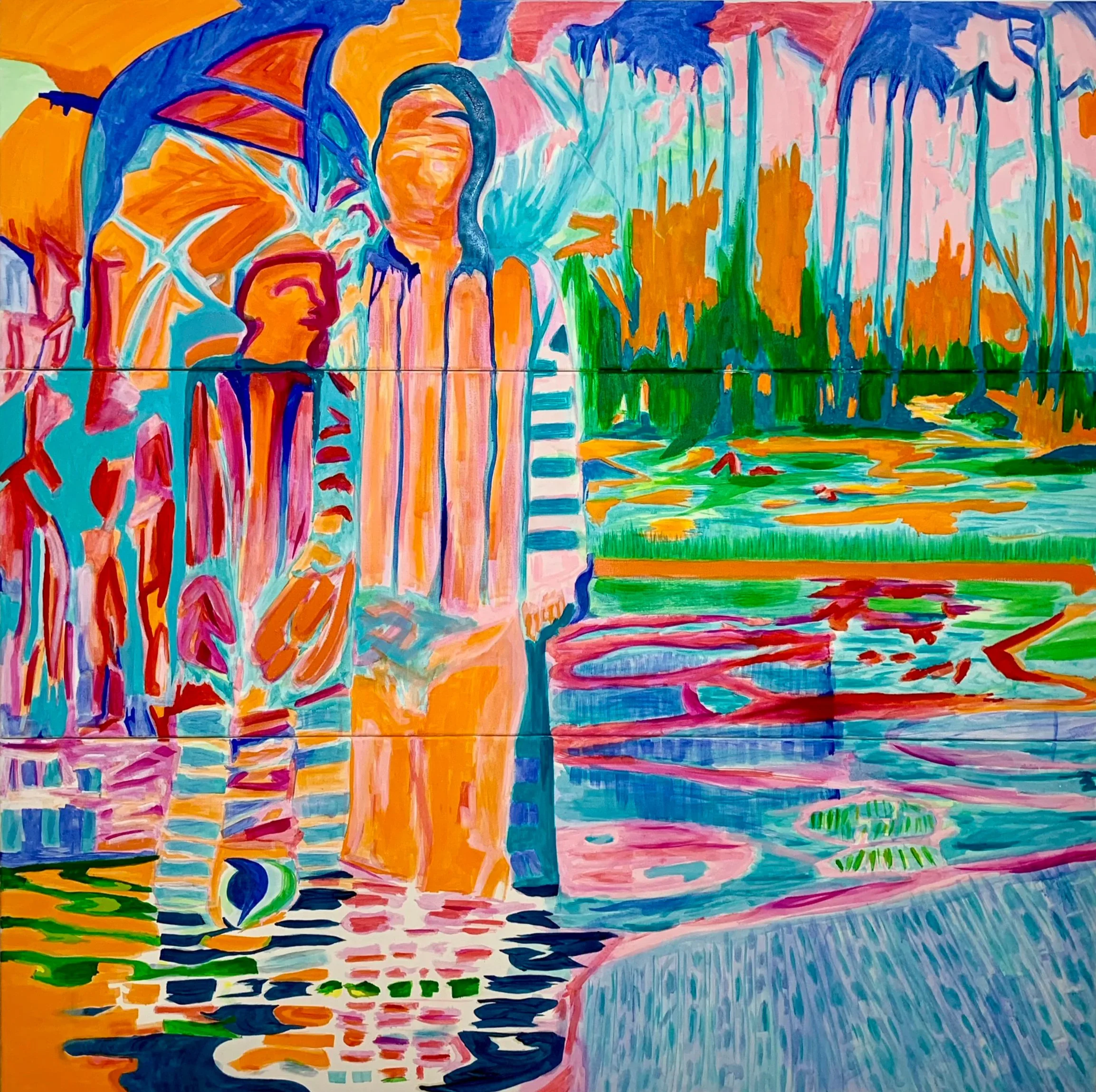 “By the lake: Thanks for the fish“, 2023. Oil on canvas – 150 x 150 cm.