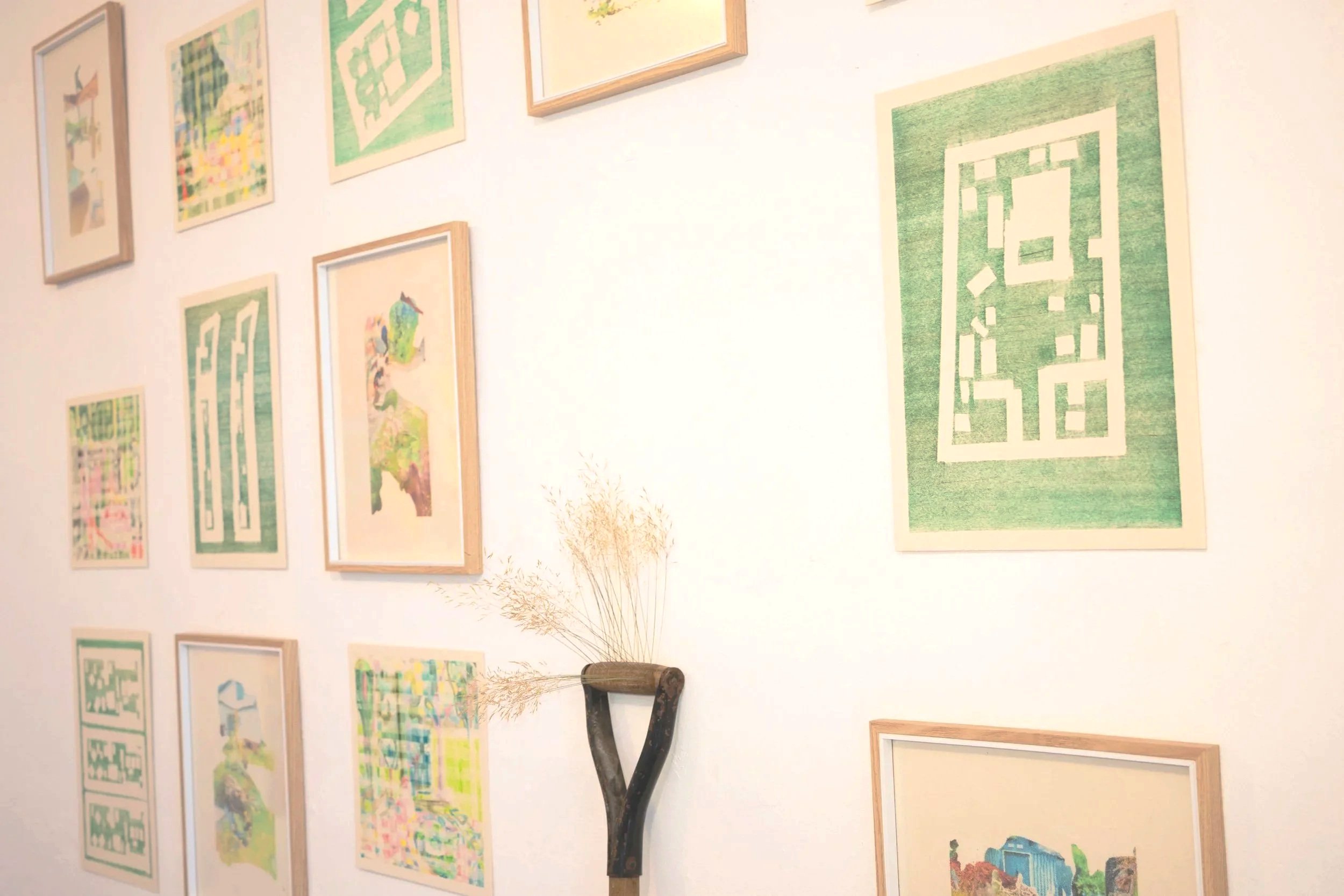 plot; yield, 2025. color pencil on paper, transfer print, pitchfork, dry grass – 220 x 260 x 30 cm (detail)