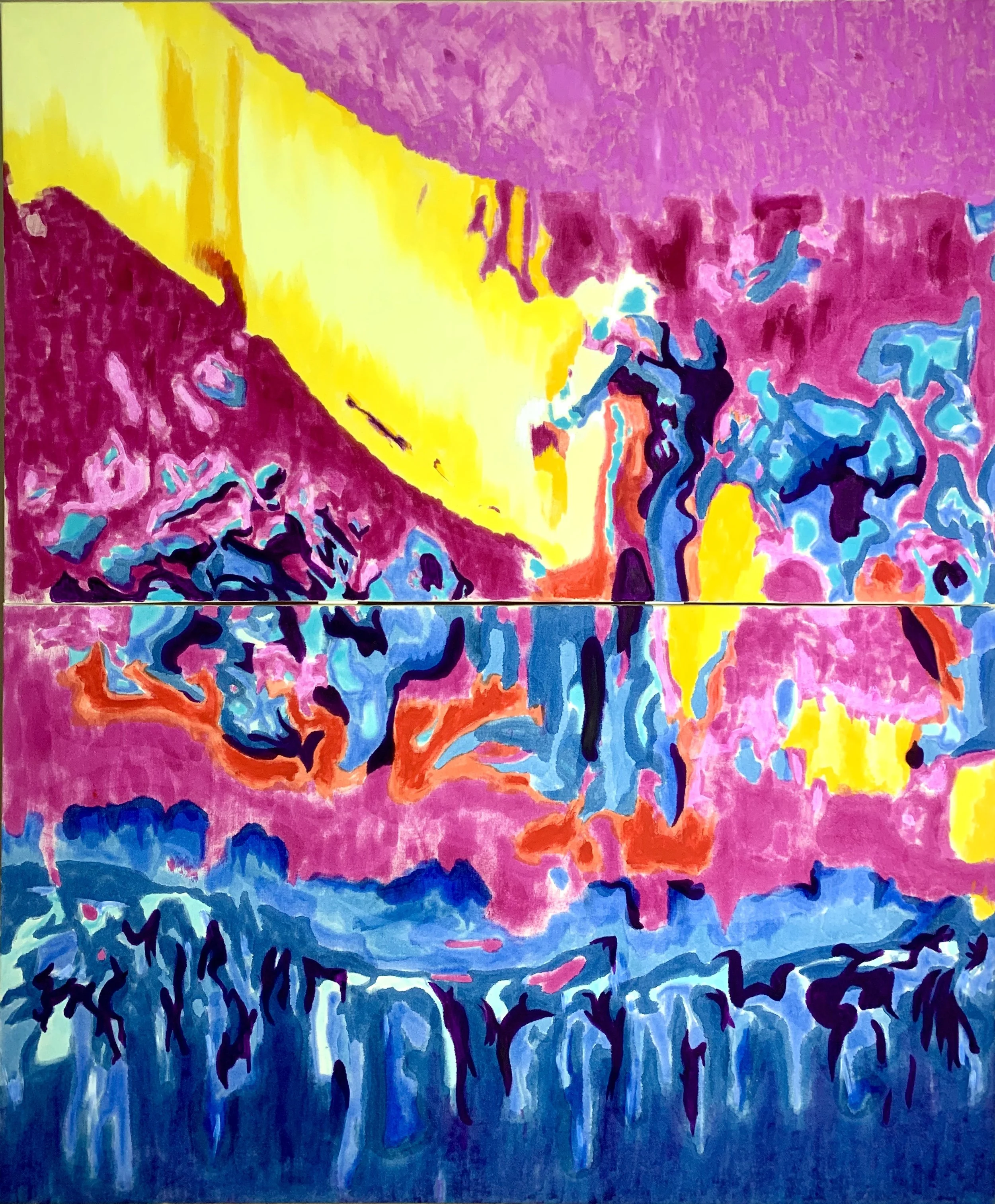 “The wall behind the pond“; 2, 2023. Oil on canvas – 180 x 150 cm.