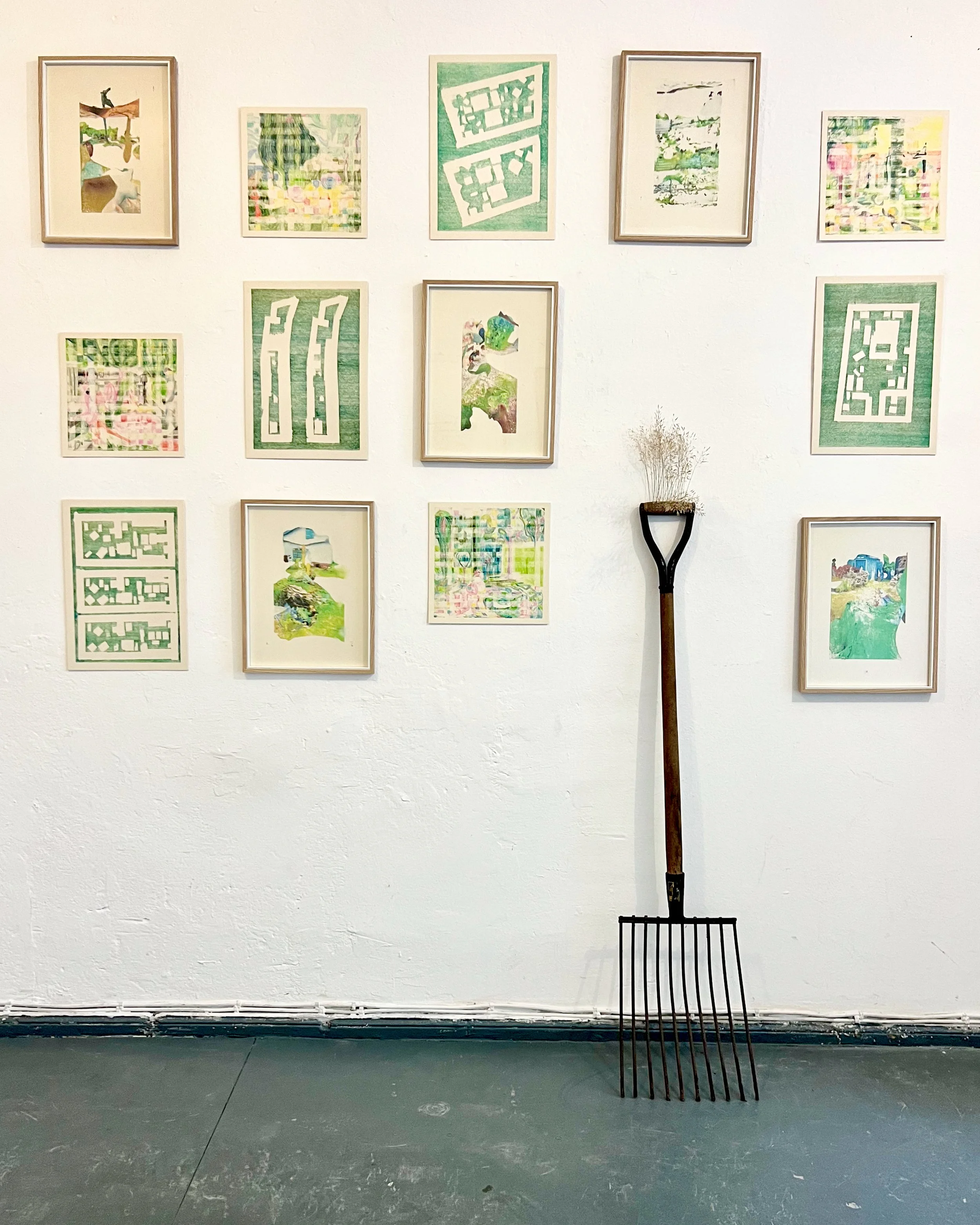 plot; yield, 2025. color pencil on paper, transfer print, pitchfork, dry grass – 220 x 260 x 30 cm 