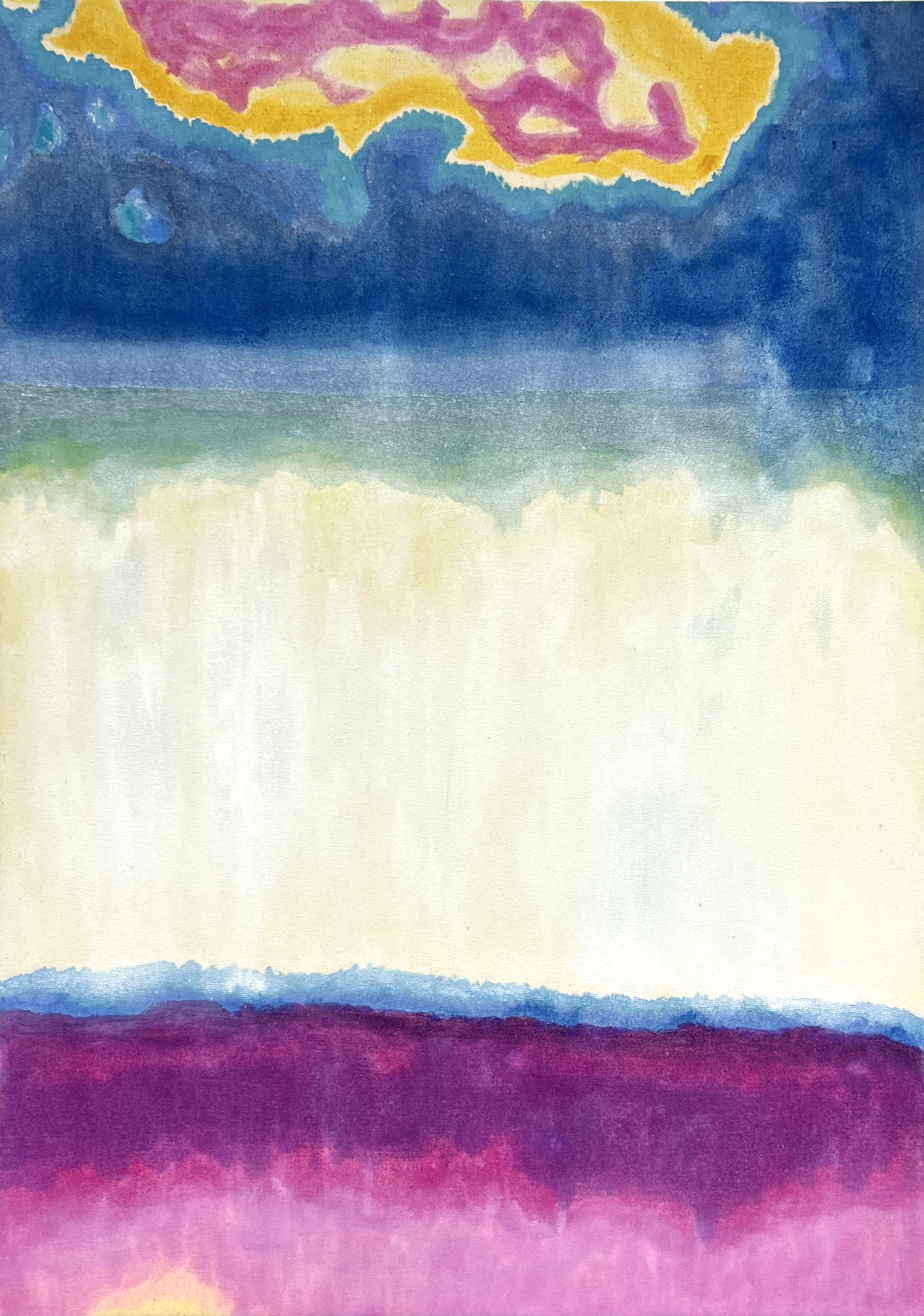 “The wall behind the pond“; 1, 2023. Oil on canvas – 80 × 60 cm.