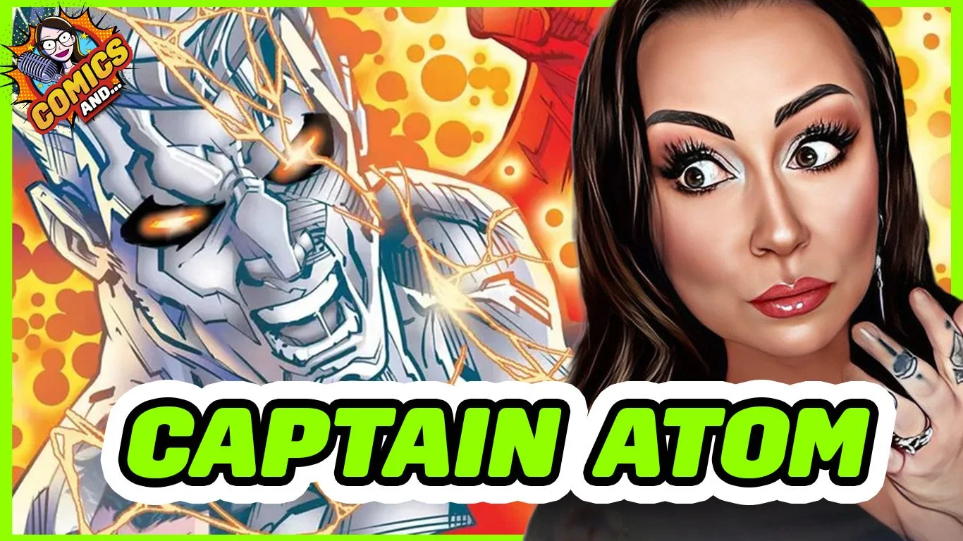 A comic book style illustration of Captain Atom in a battle stance with lightning effects and a woman with dark hair, makeup, and jewelry. The background features orange and yellow abstract patterns. The text reads 'CAPTAIN ATOM' in bold green and black letters.