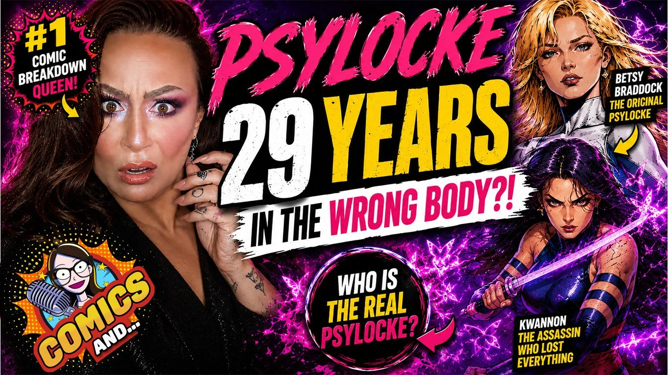 A magazine cover celebrating 29 years of Psychlocke with a photo of a woman and illustrated characters from the comic. The cover highlights Betsy Braddock as the original Psylocke and Kwannon as the assassin who lost everything, with colorful graphics, comic-style text, and vibrant colors.