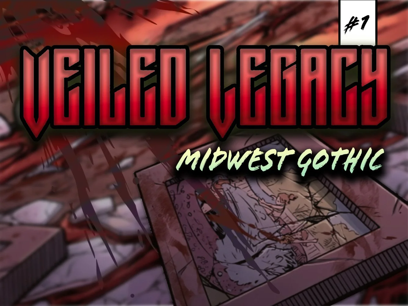 Title card for 'Vengeful Geiger: Midwest Gothic' with blood splatter and a comic book drawing in the background.