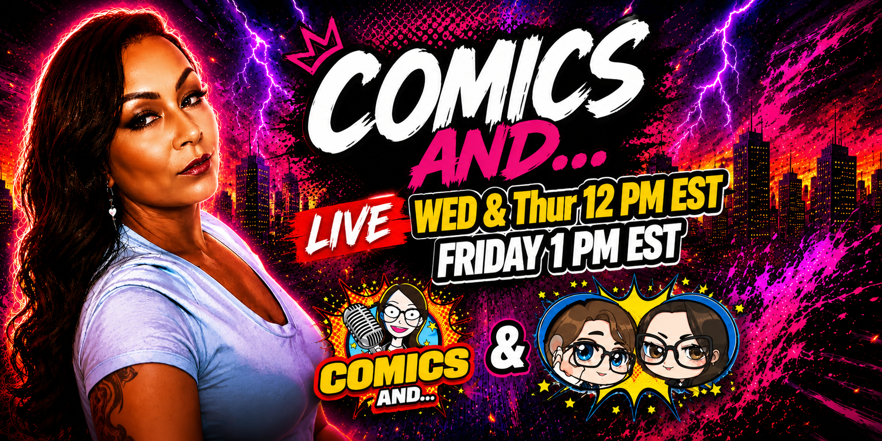 Colorful graphic promoting a live comics and anime event with a woman on the left, city skyline background with lightning, and cartoon characters.