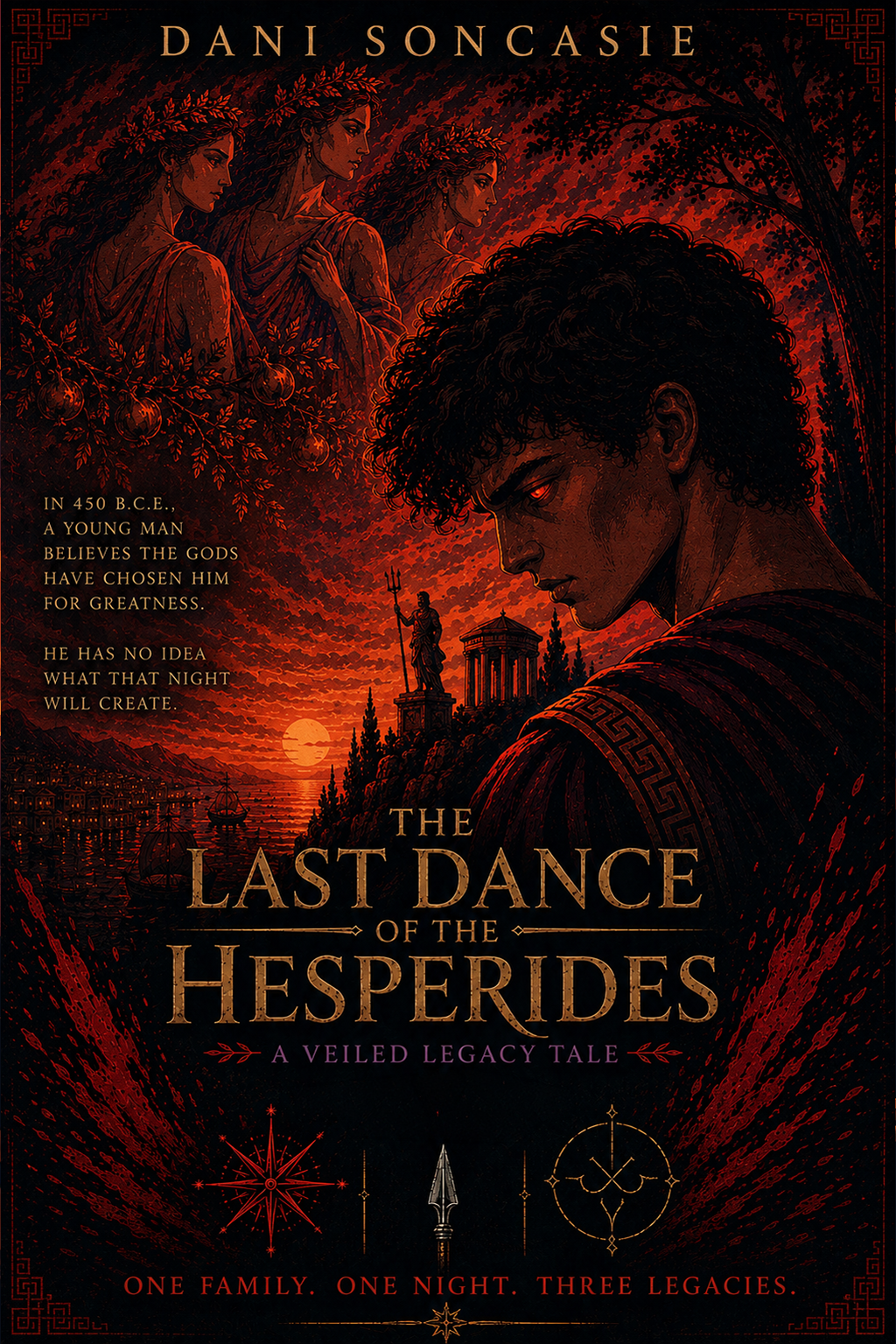 Book cover for 'The Last Dance of the Hesperides' featuring a dark, moody illustration of a young man with curly hair, glowing red eyes, and ancient Greek attire, with three women in laurel wreaths in the background, a sunset over the sea, and Greek architectural elements.