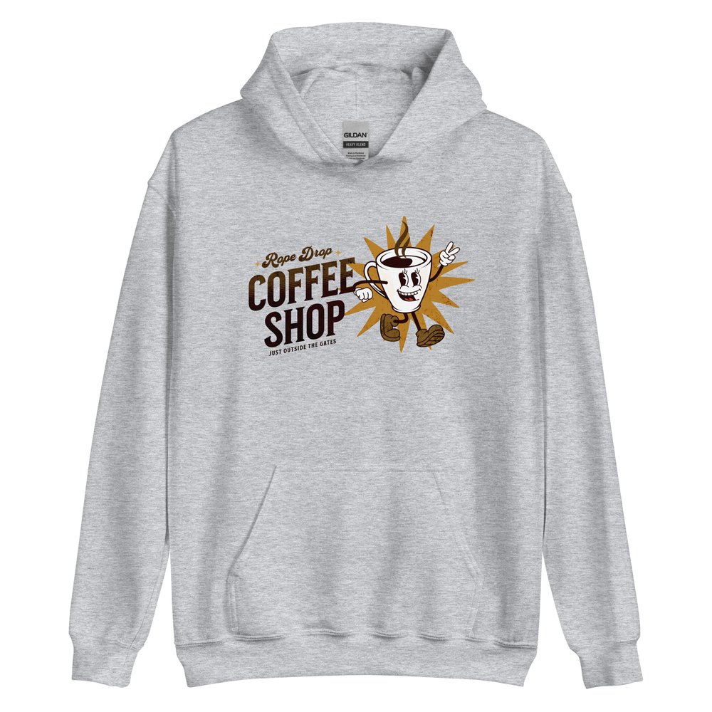 Rope Drop Coffee Shop hoodie in grey. Inspired by Disney rope dropping.